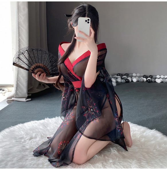 FEE ET MOI - Sexy Japanese Floral Print Kimono (Black Red)